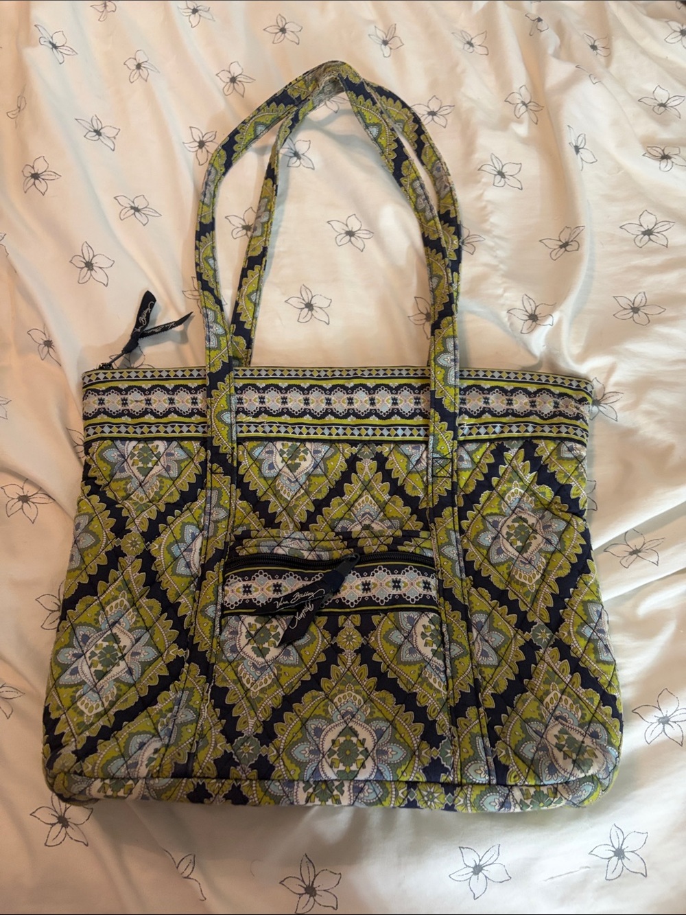 Vera Bradley Quilted Patterned Tote Bag in Olive Green and Navy